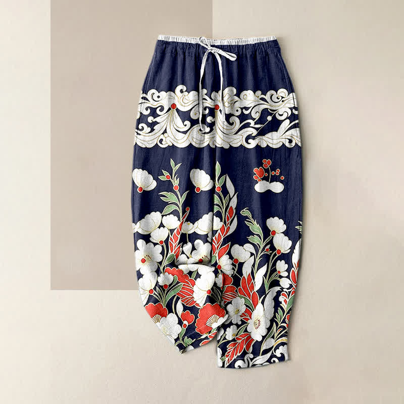 Nimara Ritual Pure Cotton Bohemian Floral Cloud Pattern Women's Elastic Waist Pants With Pockets