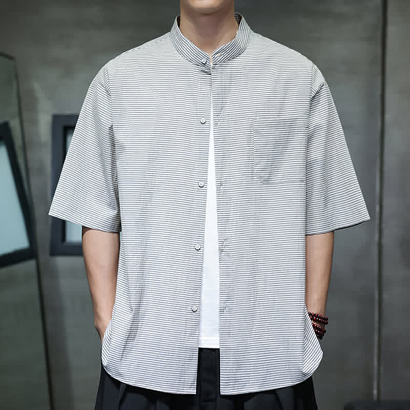 Nimara Ritual Summer Casual Mandarin Collar Pinstripe Pattern Button Up Men's Short Sleeve Shirts