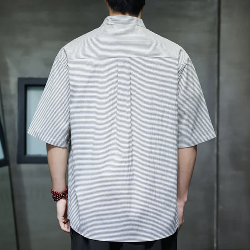 Nimara Ritual Summer Casual Mandarin Collar Pinstripe Pattern Button Up Men's Short Sleeve Shirts