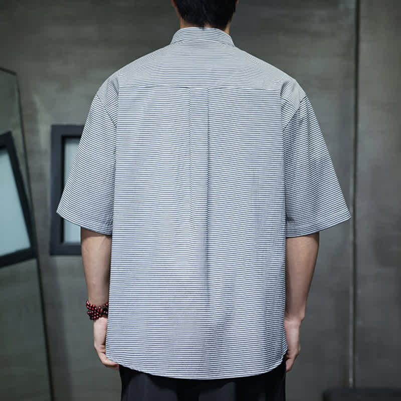 Nimara Ritual Summer Casual Mandarin Collar Pinstripe Pattern Button Up Men's Short Sleeve Shirts
