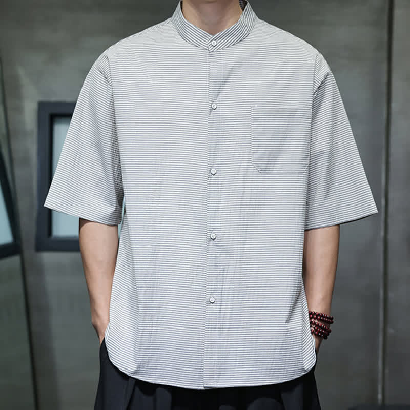 Nimara Ritual Summer Casual Mandarin Collar Pinstripe Pattern Button Up Men's Short Sleeve Shirts