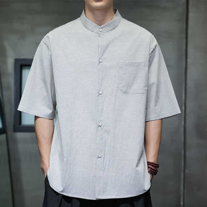 Nimara Ritual Summer Casual Mandarin Collar Pinstripe Pattern Button Up Men's Short Sleeve Shirts