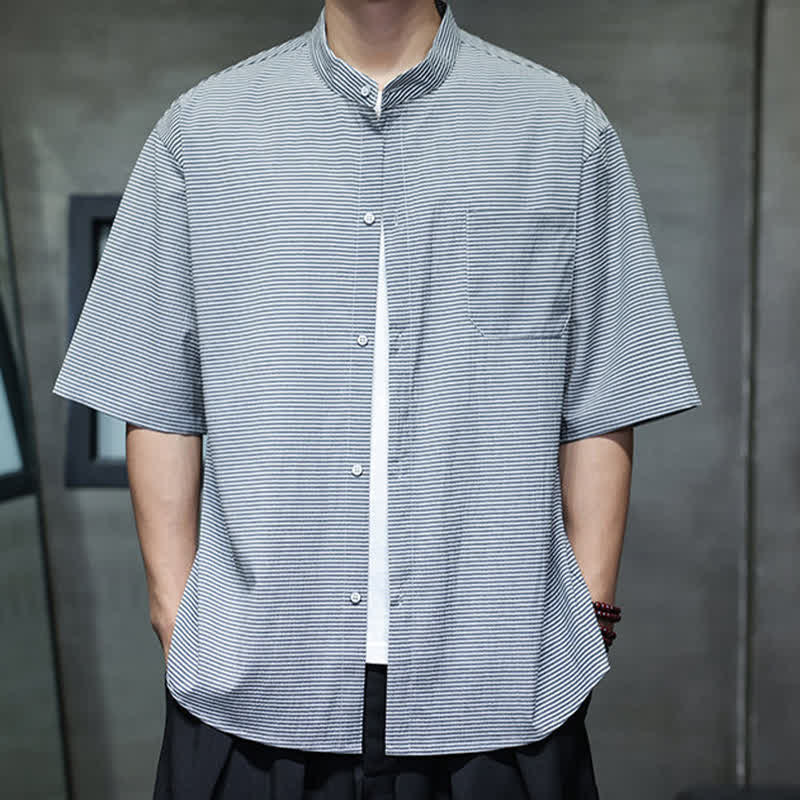 Nimara Ritual Summer Casual Mandarin Collar Pinstripe Pattern Button Up Men's Short Sleeve Shirts