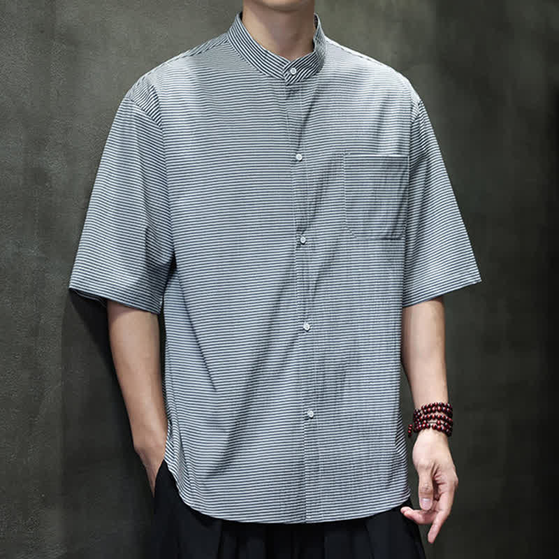 Nimara Ritual Summer Casual Mandarin Collar Pinstripe Pattern Button Up Men's Short Sleeve Shirts