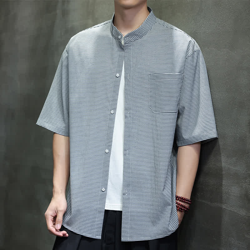 Nimara Ritual Summer Casual Mandarin Collar Pinstripe Pattern Button Up Men's Short Sleeve Shirts