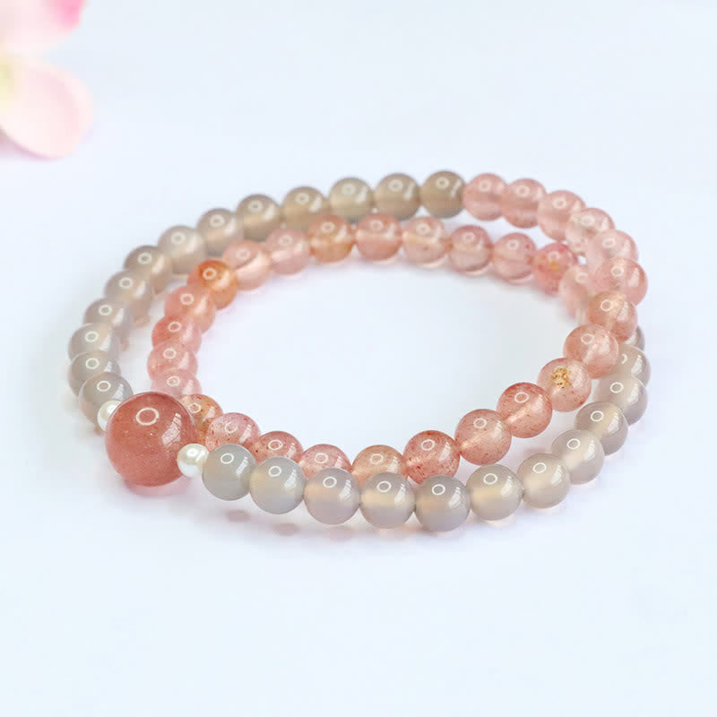 Nimara Ritual Strawberry Quartz Gray Agate Double Wrap Positive Bracelet