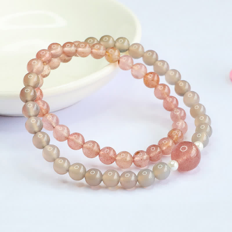 Nimara Ritual Strawberry Quartz Gray Agate Double Wrap Positive Bracelet