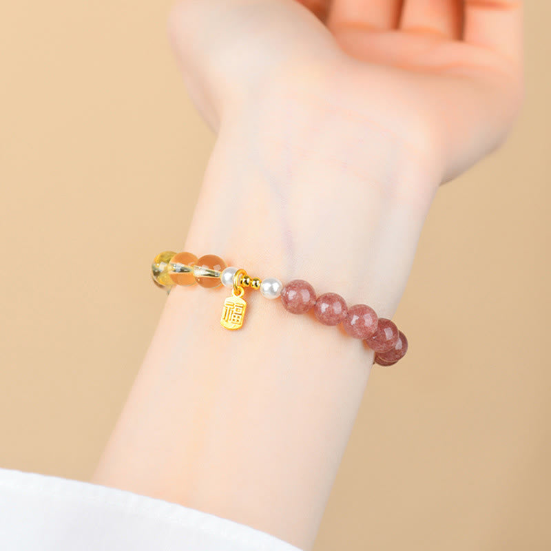 Nimara Ritual Strawberry Quartz Citrine Five Elements Fu Character Luck Bracelet