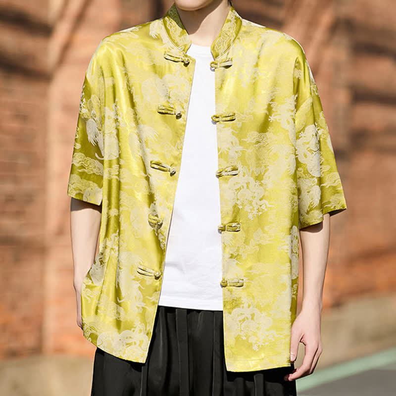 Nimara Ritual Summer Tang Style Frog Button Animal Patterns Men's Short Sleeve Shirts