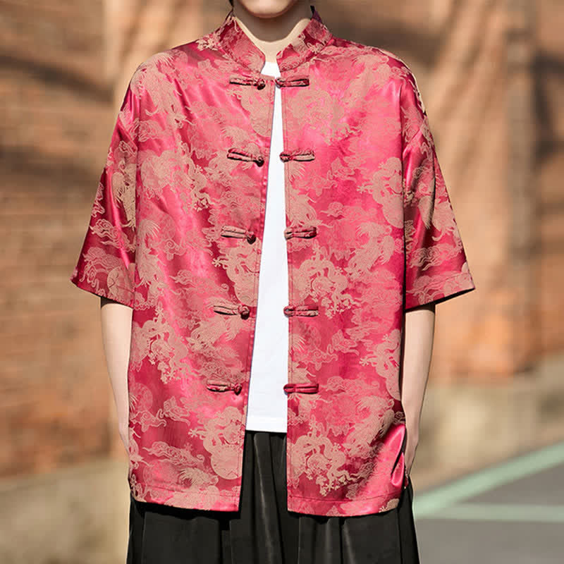 Nimara Ritual Summer Tang Style Frog Button Animal Patterns Men's Short Sleeve Shirts