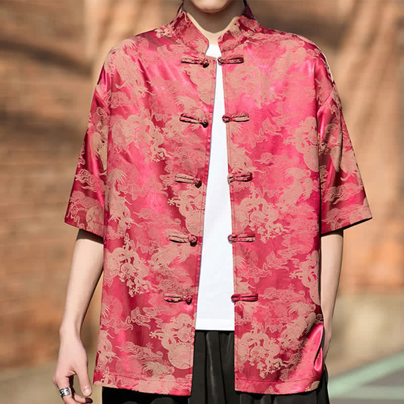 Nimara Ritual Summer Tang Style Frog Button Animal Patterns Men's Short Sleeve Shirts