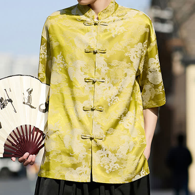 Nimara Ritual Summer Tang Style Frog Button Animal Patterns Men's Short Sleeve Shirts