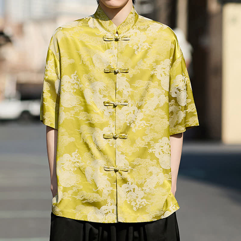 Nimara Ritual Summer Tang Style Frog Button Animal Patterns Men's Short Sleeve Shirts