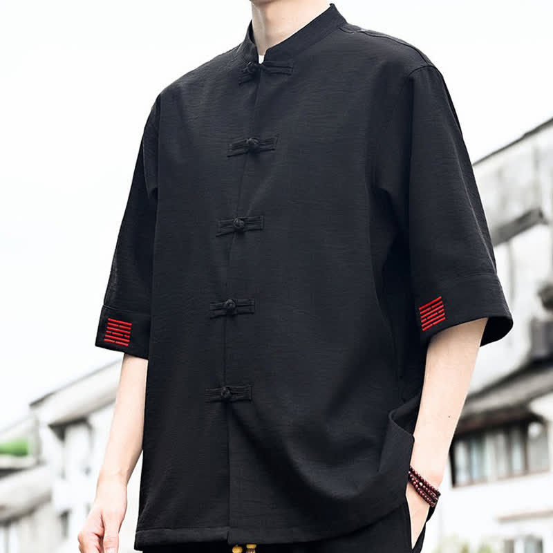 Nimara Ritual Summer Tang Style Frog Button Solid Men's Short Sleeve Shirts