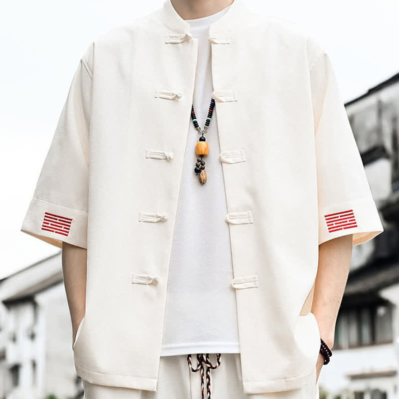 Nimara Ritual Summer Tang Style Frog Button Solid Men's Short Sleeve Shirts