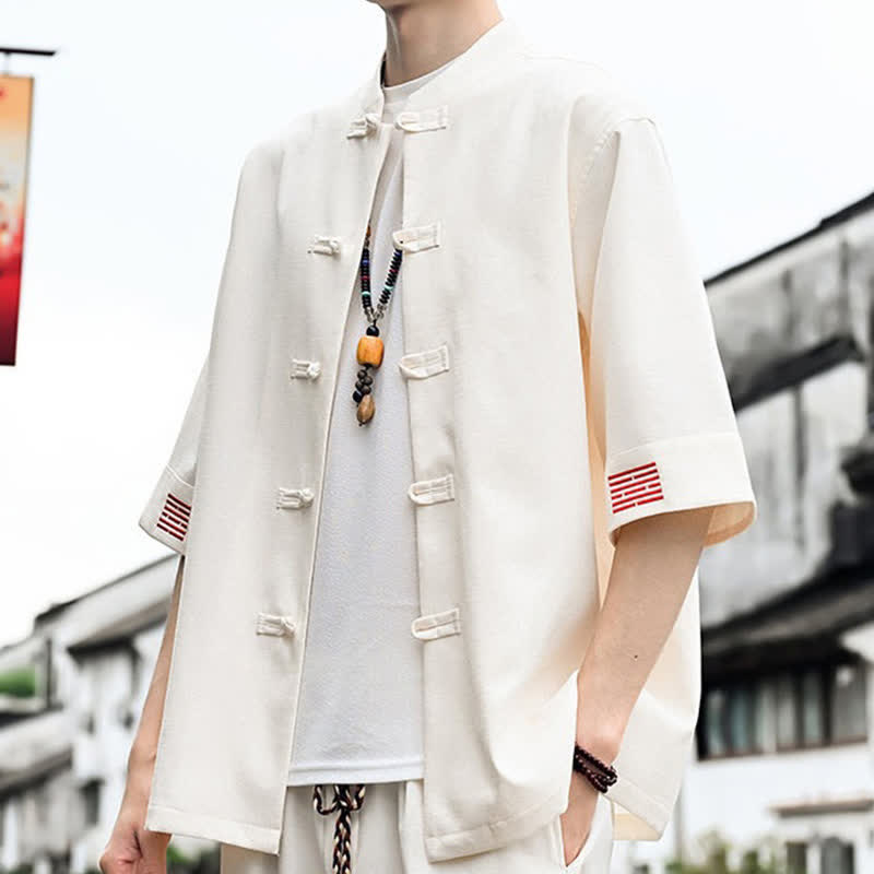 Nimara Ritual Summer Tang Style Frog Button Solid Men's Short Sleeve Shirts