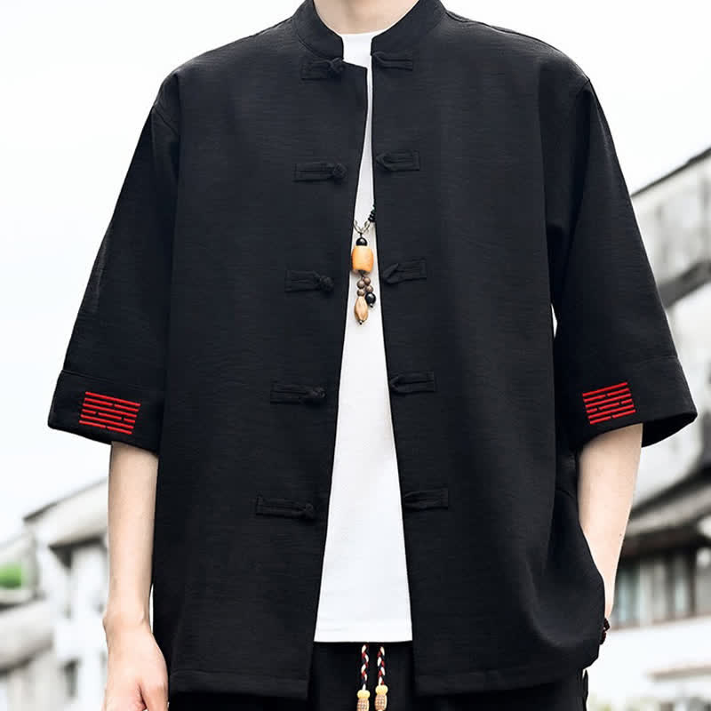 Nimara Ritual Summer Tang Style Frog Button Solid Men's Short Sleeve Shirts