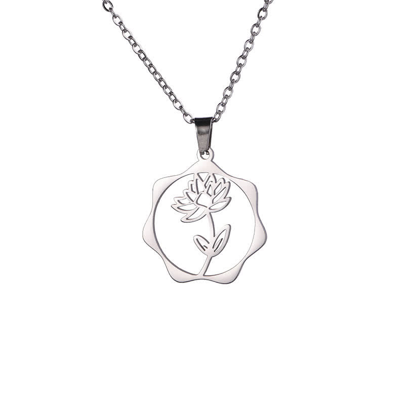Nimara Ritual Titanium Steel Birth Flower Lotus Enlightenment Pendant Necklace