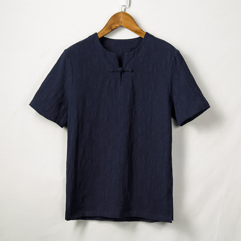 Nimara Ritual Summer Tang Style One Frog Button Solid Leaf Texture Men's Short Sleeve Shirts