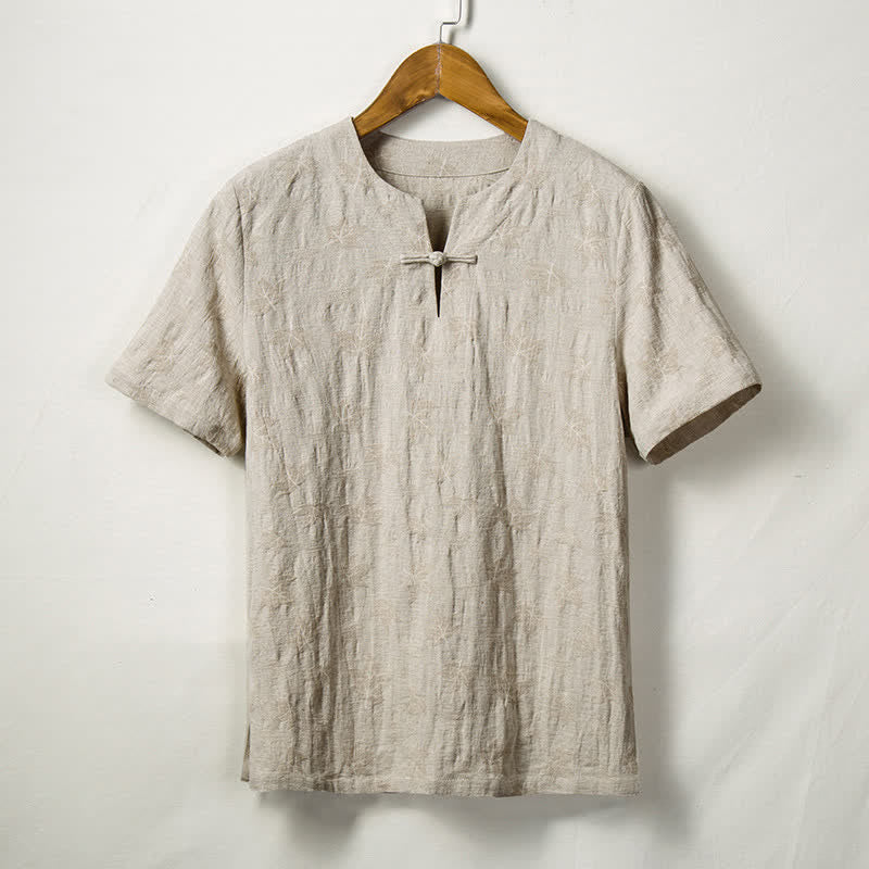 Nimara Ritual Summer Tang Style One Frog Button Solid Leaf Texture Men's Short Sleeve Shirts