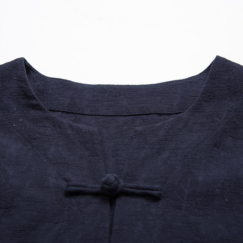 Nimara Ritual Summer Tang Style One Frog Button Solid Leaf Texture Men's Short Sleeve Shirts