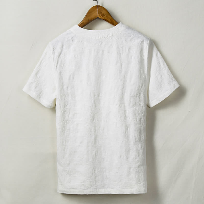 Nimara Ritual Summer Tang Style One Frog Button Solid Leaf Texture Men's Short Sleeve Shirts
