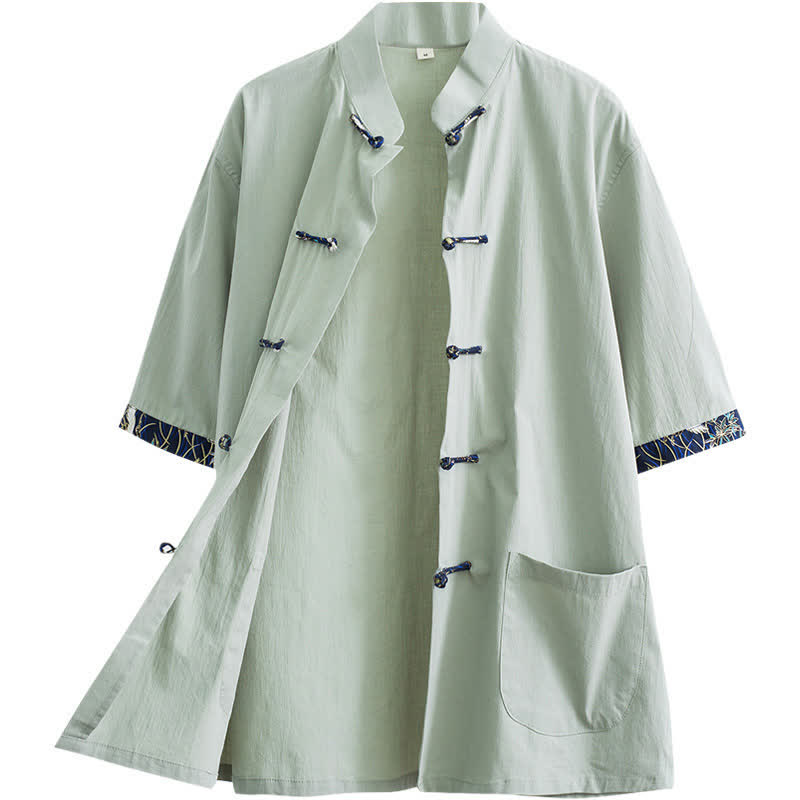 Nimara Ritual Summer Tang Style Mandarin Collar Frog Button Solid Men's Short Sleeve Shirt With Pockets