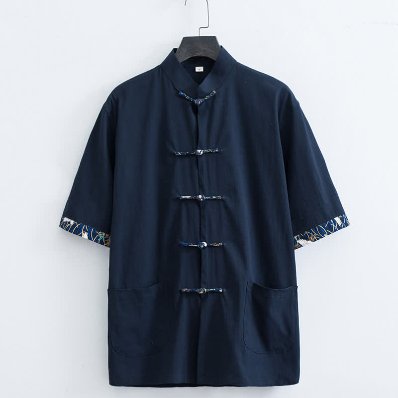 Nimara Ritual Summer Tang Style Mandarin Collar Frog Button Solid Men's Short Sleeve Shirt With Pockets