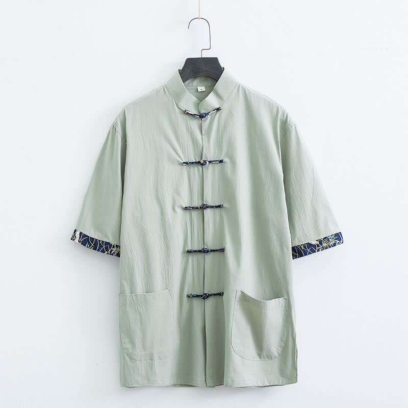 Nimara Ritual Summer Tang Style Mandarin Collar Frog Button Solid Men's Short Sleeve Shirt With Pockets