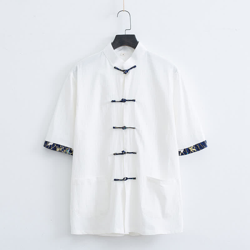 Nimara Ritual Summer Tang Style Mandarin Collar Frog Button Solid Men's Short Sleeve Shirt With Pockets