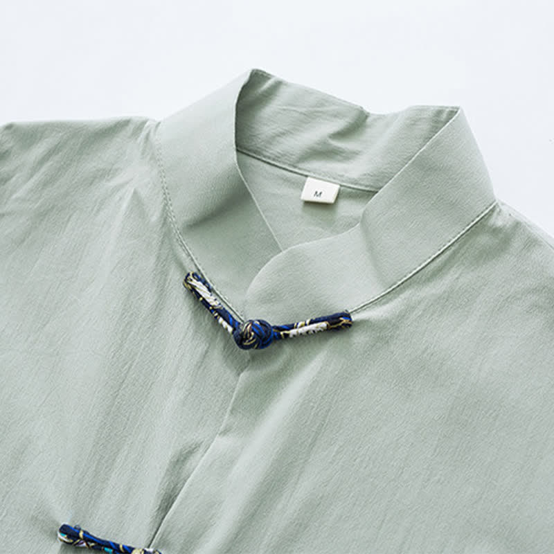 Nimara Ritual Summer Tang Style Mandarin Collar Frog Button Solid Men's Short Sleeve Shirt With Pockets