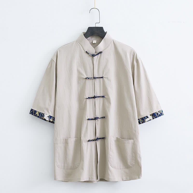 Nimara Ritual Summer Tang Style Mandarin Collar Frog Button Solid Men's Short Sleeve Shirt With Pockets