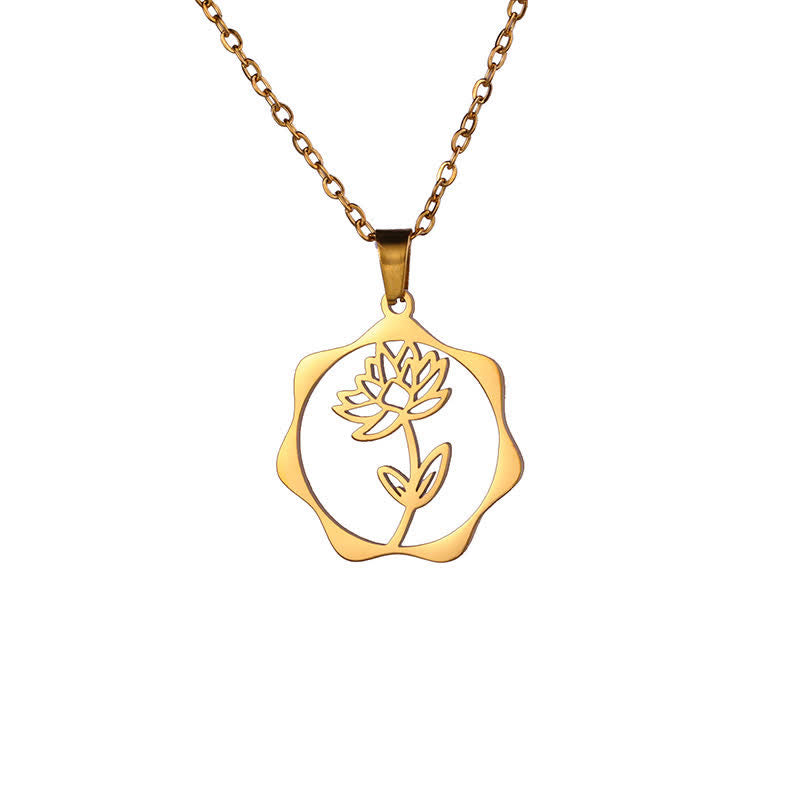 Nimara Ritual Titanium Steel Birth Flower Lotus Enlightenment Pendant Necklace