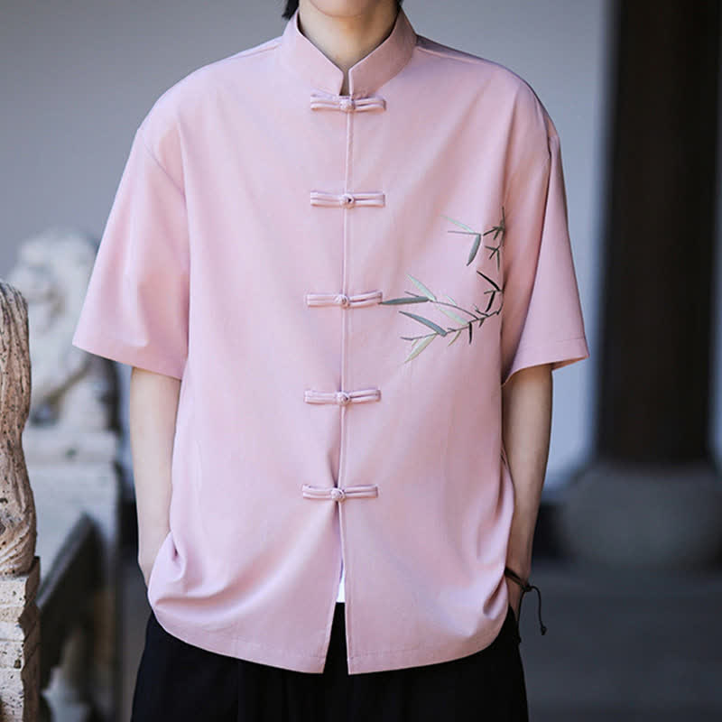 Nimara Ritual Summer Tang Style Mandarin Collar Frog Button Bamboo Embroidery Men's Short Sleeve Shirts