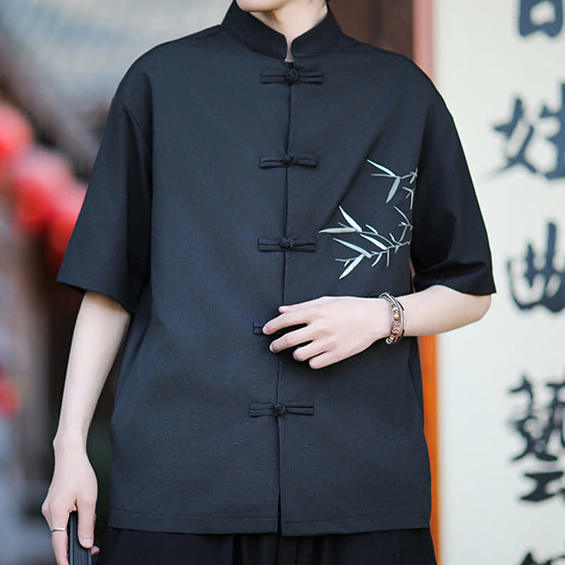 Nimara Ritual Summer Tang Style Mandarin Collar Frog Button Bamboo Embroidery Men's Short Sleeve Shirts