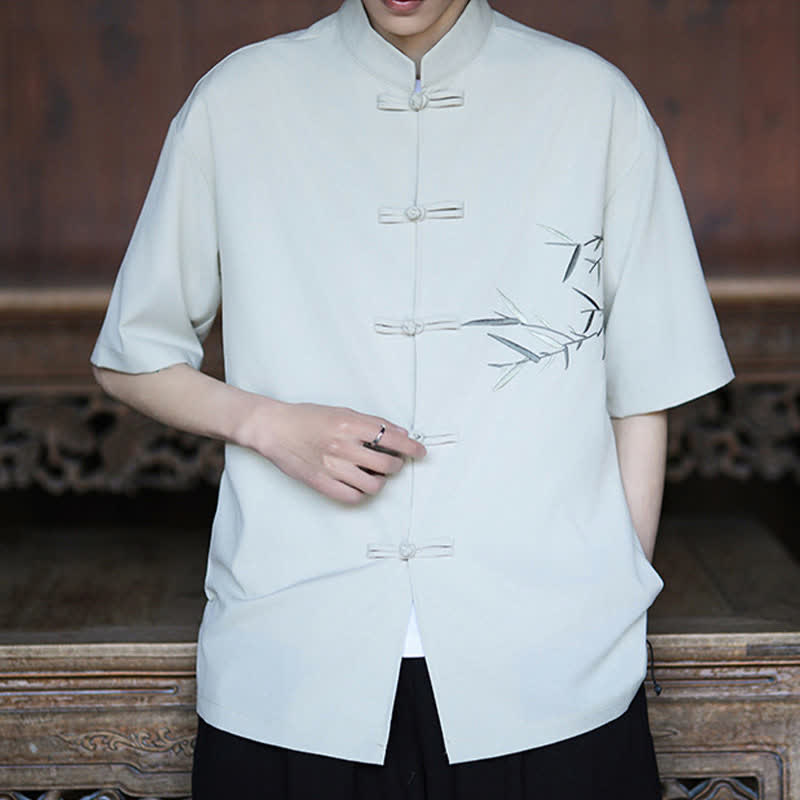 Nimara Ritual Summer Tang Style Mandarin Collar Frog Button Bamboo Embroidery Men's Short Sleeve Shirts