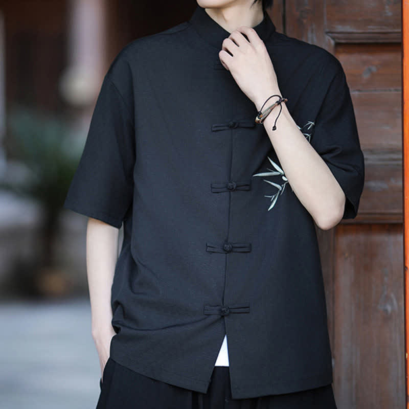 Nimara Ritual Summer Tang Style Mandarin Collar Frog Button Bamboo Embroidery Men's Short Sleeve Shirts