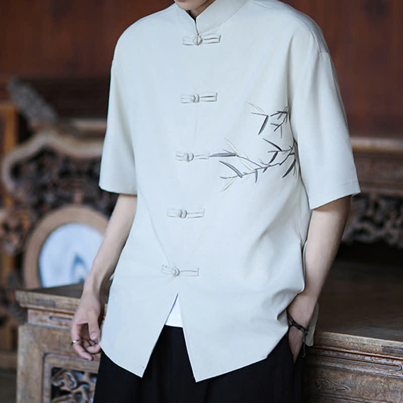 Nimara Ritual Summer Tang Style Mandarin Collar Frog Button Bamboo Embroidery Men's Short Sleeve Shirts