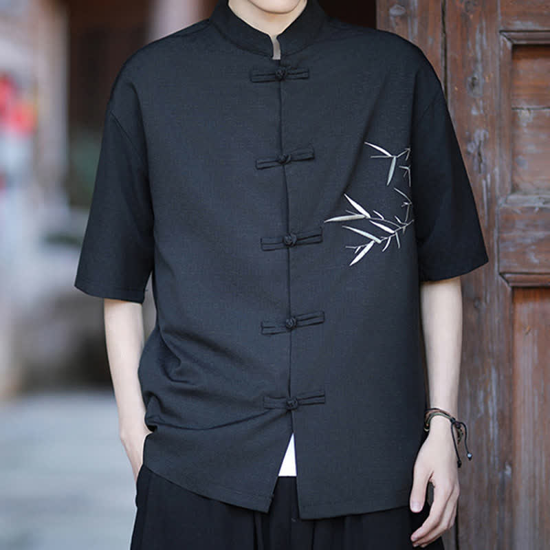 Nimara Ritual Summer Tang Style Mandarin Collar Frog Button Bamboo Embroidery Men's Short Sleeve Shirts