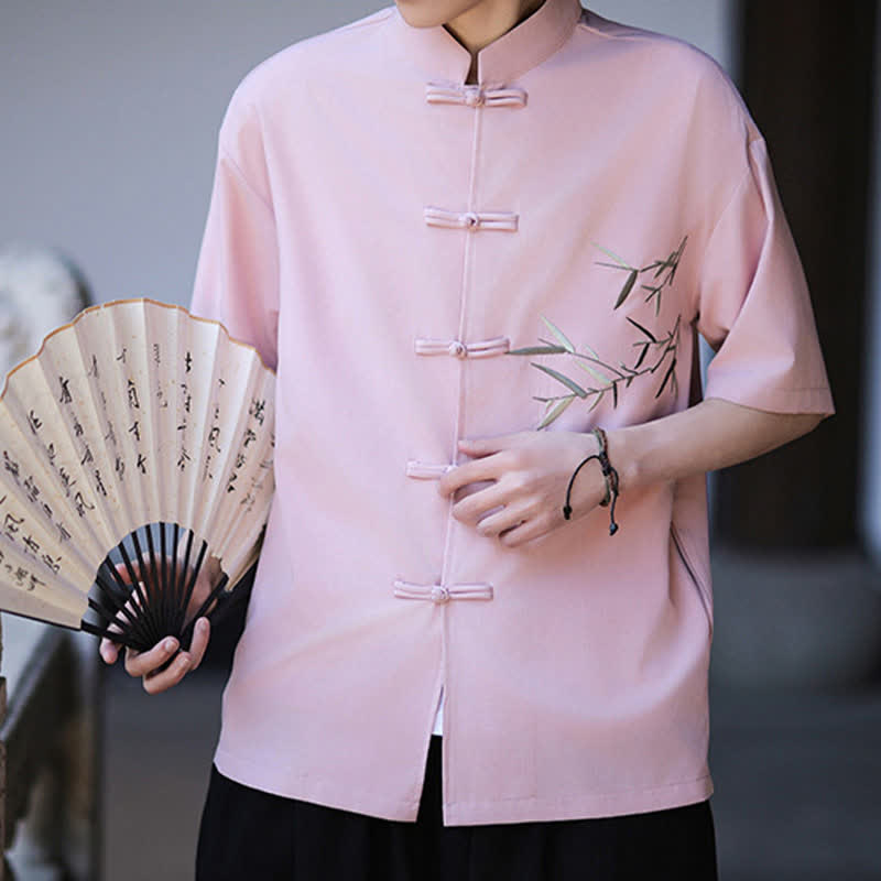 Nimara Ritual Summer Tang Style Mandarin Collar Frog Button Bamboo Embroidery Men's Short Sleeve Shirts