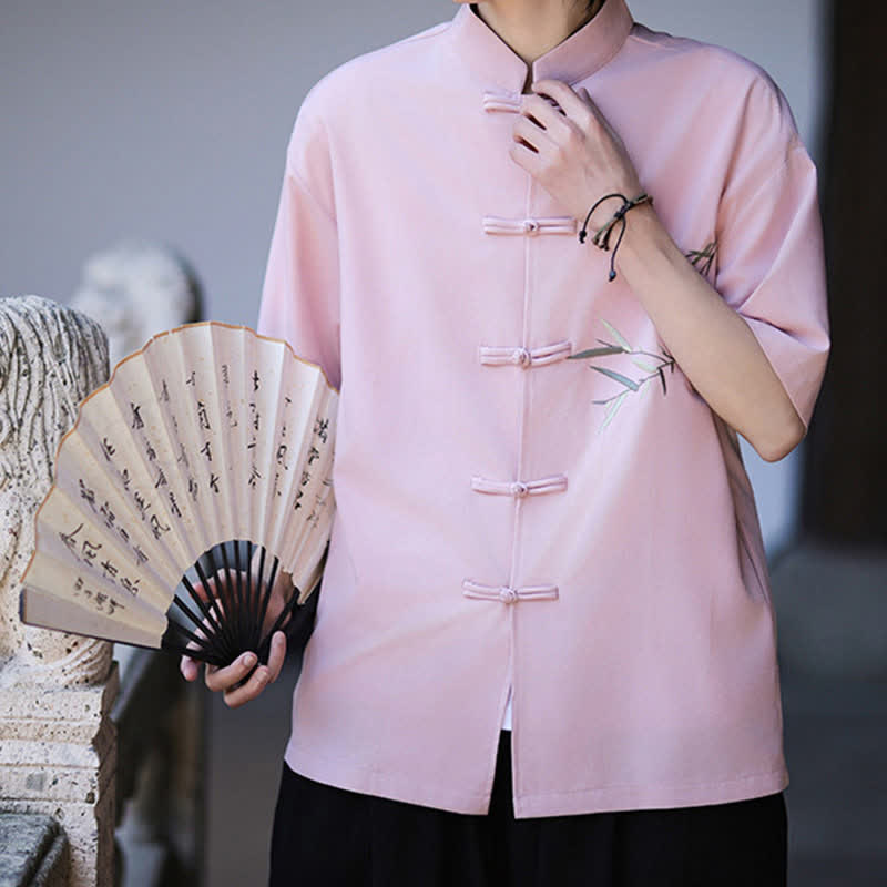 Nimara Ritual Summer Tang Style Mandarin Collar Frog Button Bamboo Embroidery Men's Short Sleeve Shirts
