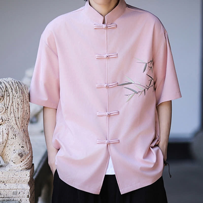 Nimara Ritual Summer Tang Style Mandarin Collar Frog Button Bamboo Embroidery Men's Short Sleeve Shirts