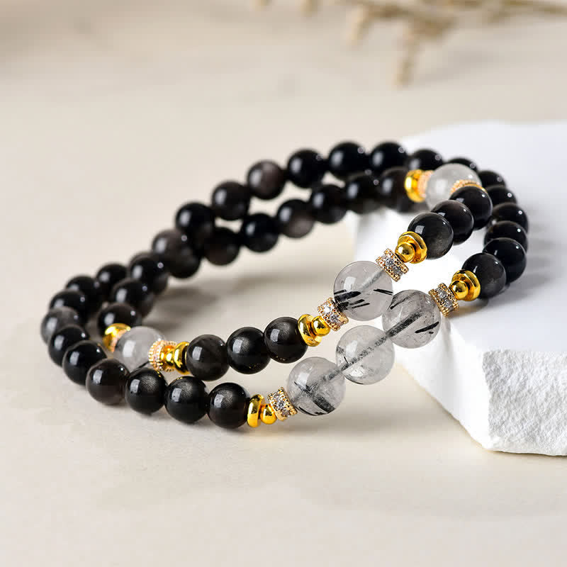 Nimara Ritual Natural Silver Sheen Obsidian Double Wrap Soothing Bracelet