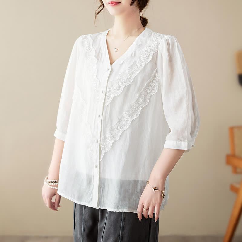 Nimara Ritual Summer Solid V-Neck Lace-trimmed Women's Elbow-Length Sleeve Shirts
