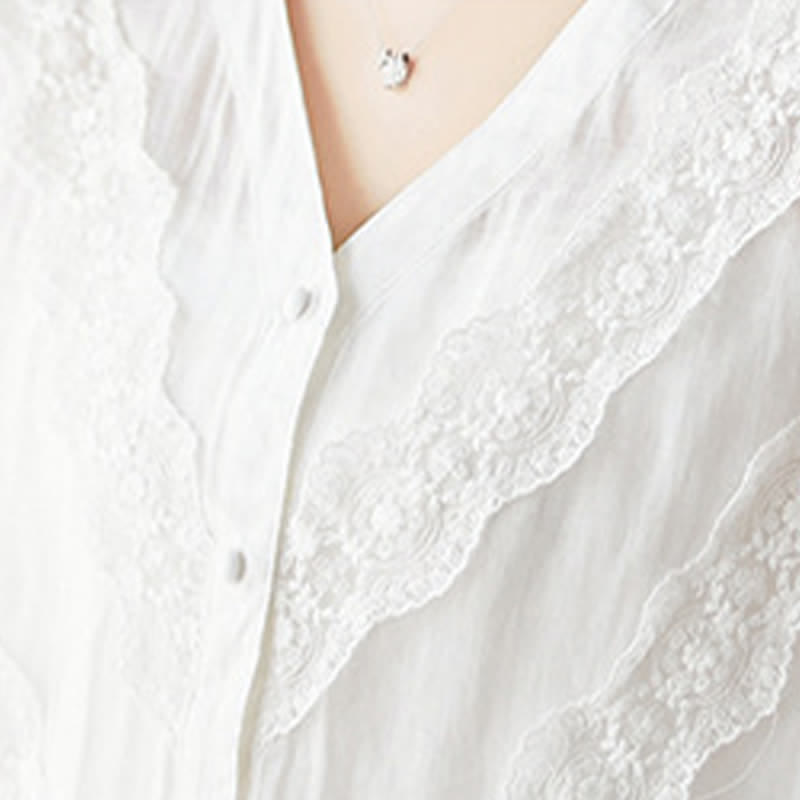 Nimara Ritual Summer Solid V-Neck Lace-trimmed Women's Elbow-Length Sleeve Shirts