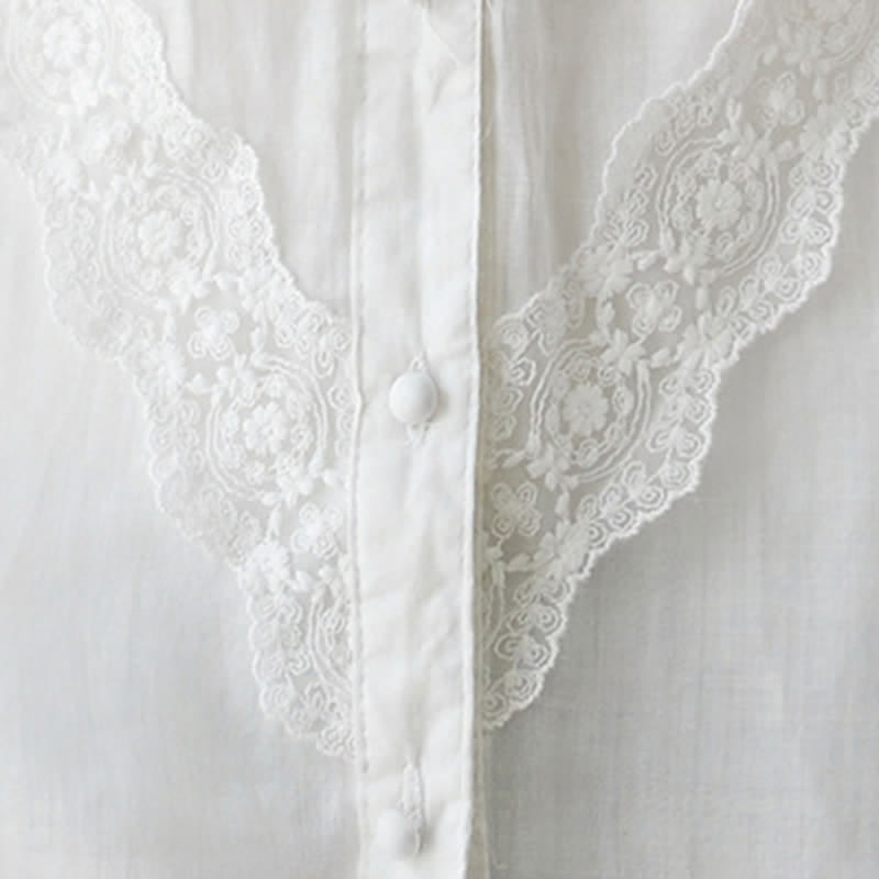 Nimara Ritual Summer Solid V-Neck Lace-trimmed Women's Elbow-Length Sleeve Shirts