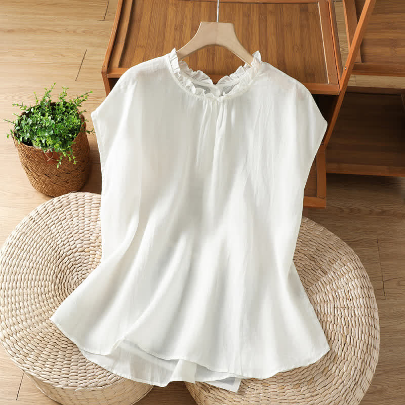 Nimara Ritual Summer Casual Ruffled Collar Back Button-up Solid Women's Sleeveless Shirts