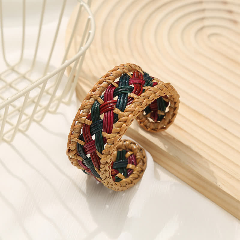 Nimara Ritual Natural Rattan Hand-Woven Bohemian Wide Round Cuff Bracelet