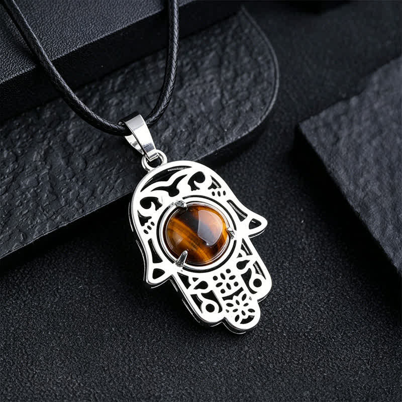 Nimara Ritual Natural Black Obsidian Hamsa Palm Inlay Crystal Strength Necklace
