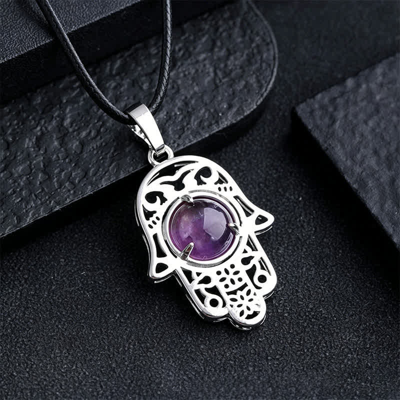 Nimara Ritual Natural Black Obsidian Hamsa Palm Inlay Crystal Strength Necklace